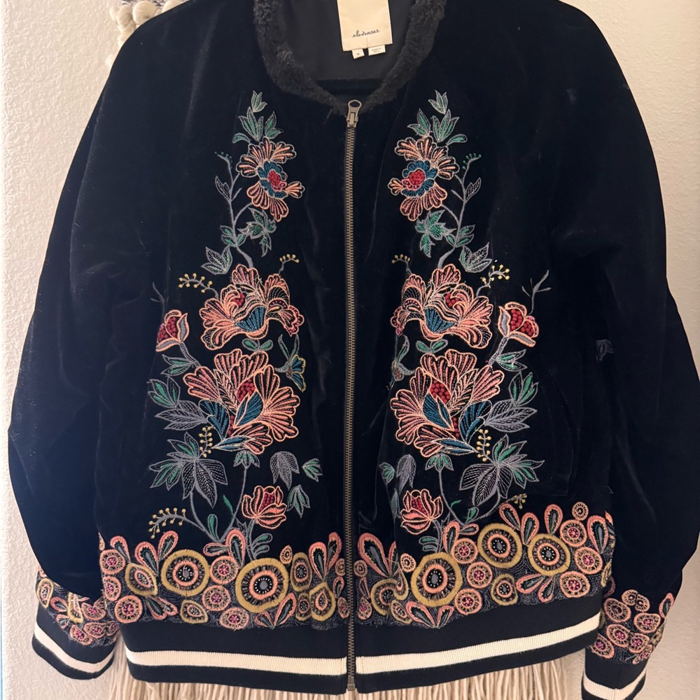 elevenses Black Bomber Jacket with Floral Embroidery and Intricate Border